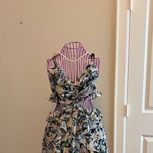 Astr Floral Ruffle Maxi Dress in Black, Cream & Green